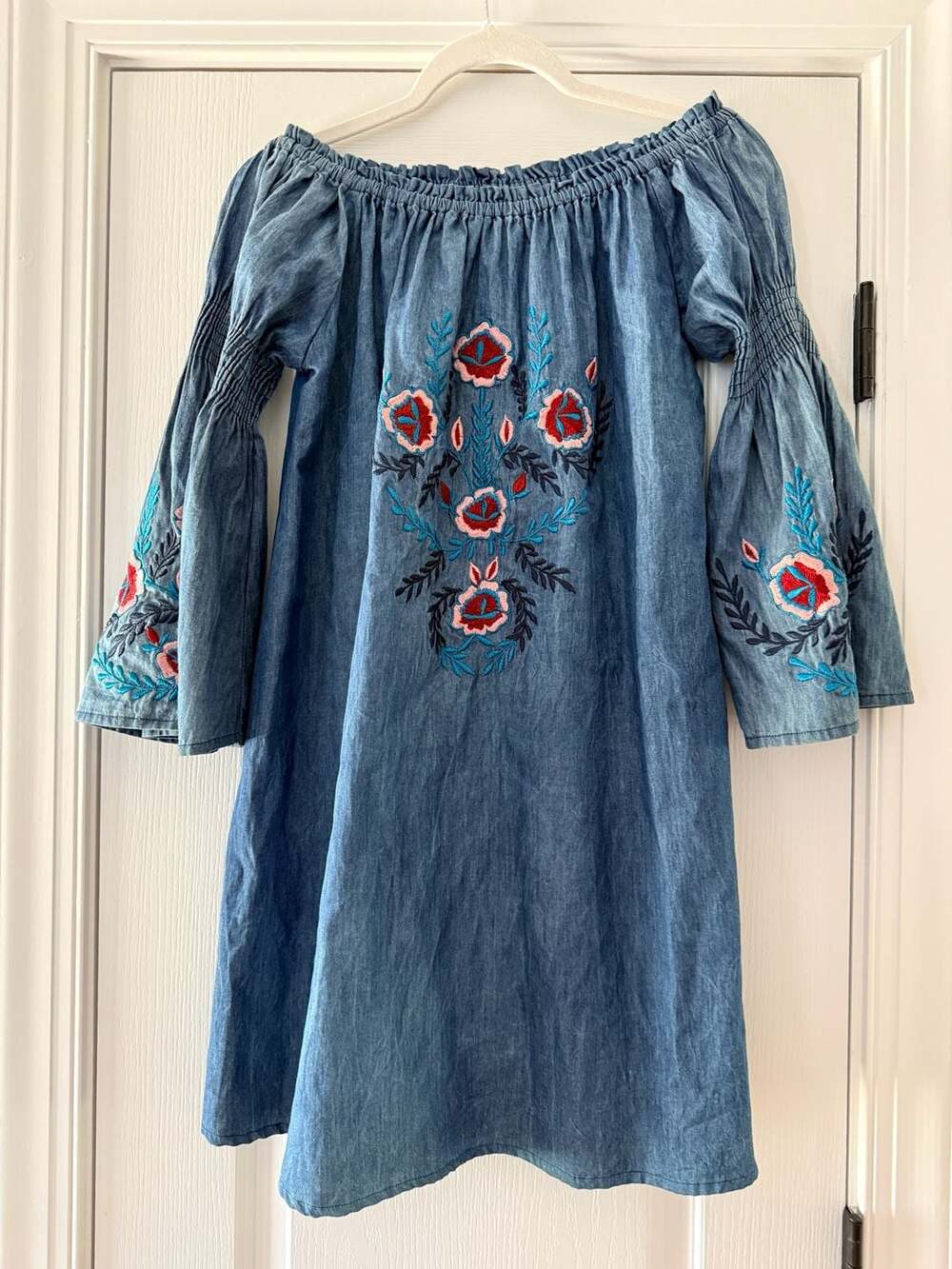 A&A Boho Off-The-Shoulder Embroidered Chambray Bell Sleeve Dress